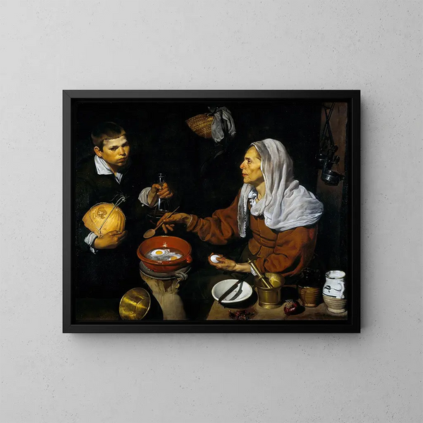 En gammal kvinna som lagar ägg - Diego Velázquez — inramlat konstverk på väggen