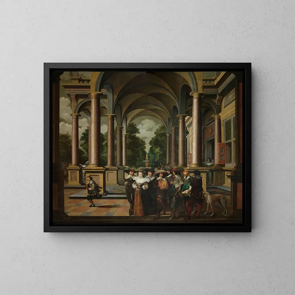ett palatsgalleri med ornamenterad arkitektur och kolonner - Dirck van Delen — inramlat konstverk på väggen