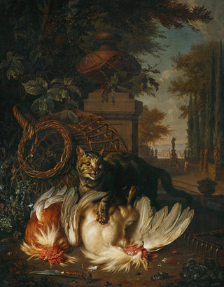 Dirk Valkenburg - A cat attacking chickens by a basket a rake and a knife.webp