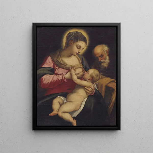 den heliga familjen - Domenico Tintoretto — inramlat konstverk på väggen