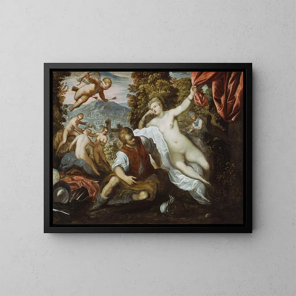 Venus och Mars med Cupidon och de Tre Gracer i ett landskap - Domenico Tintoretto — inramlat konstverk på väggen