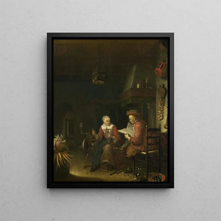 Domenicus van Tol - Interior with a man reading and a woman spinning yarn.webp