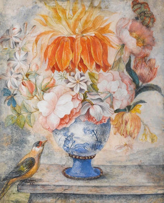 Dutch School - Still Life Of Flowers In A Blue Decorative Vase With A Bird Perched Beside On A Ledge.webp