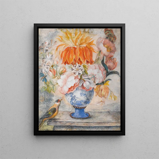 Dutch School - Still Life Of Flowers In A Blue Decorative Vase With A Bird Perched Beside On A Ledge.webp