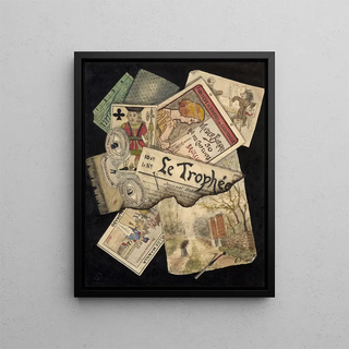 E Delcroix - Trompe lil of playing cards matches posters and watercolour landscapes.webp