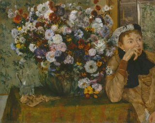 En kvinna som sitter bredvid en blomvas - Edgar Degas — vy av konstverket