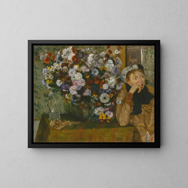 En kvinna som sitter bredvid en blomvas - Edgar Degas — inramlat konstverk på väggen