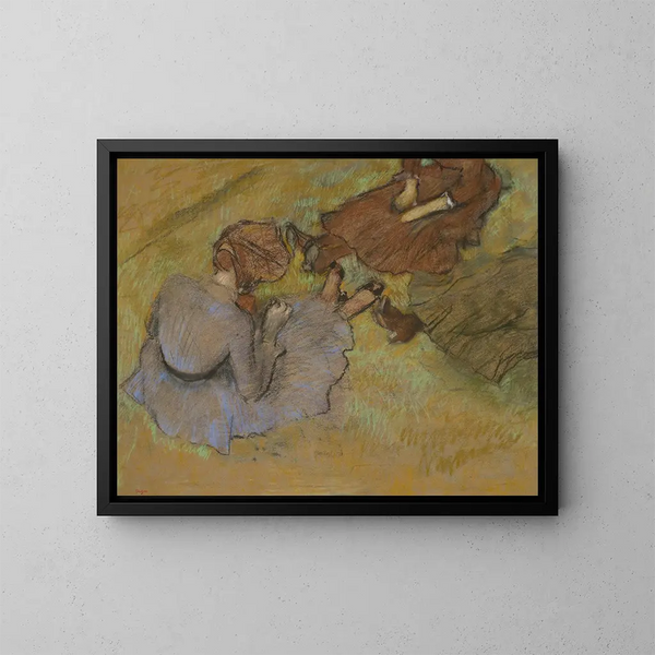kvinnor som sitter på gräset - Edgar Degas — inramlat konstverk på väggen