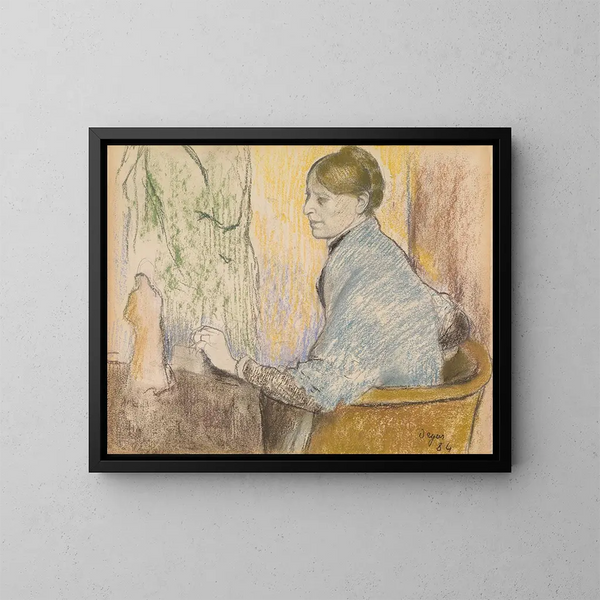 Madame Henri Rouart i en fåtölj framför ett litet bord med en Tanagra-statyn - Edgar Degas — inramlat konstverk på väggen