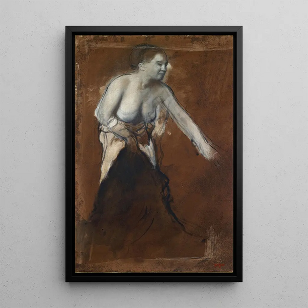 Reproduktion av målningen av en stående kvinnlig figur med bar överkropp, ung kvinna vid sin toalett - Edgar Degas