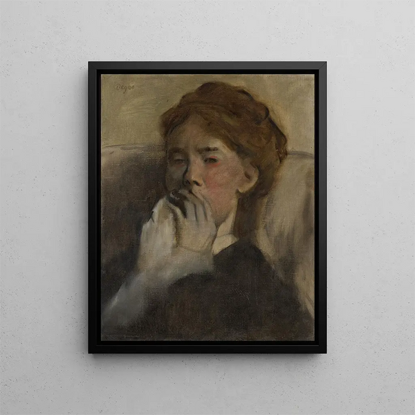 Ung kvinna med handen över munnen - Edgar Degas — inramlat konstverk på väggen