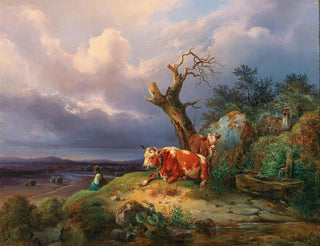 Edmund Mahlknecht - A Shepherdess with Two Cows in a Vast Landscape.webp