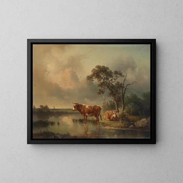 Rastende Khe au Weiher 1854 - Edmund Mahlknecht — inramlat konstverk på väggen