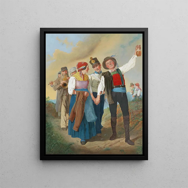 En festlig procession med böhmusiker och soldater - Eduard Ritter — inramlat konstverk på väggen