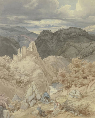 Eduard Wilhelm Pose - Ruine der Burg Are ber dem Ahrtal mit rastenden Wanderern.webp
