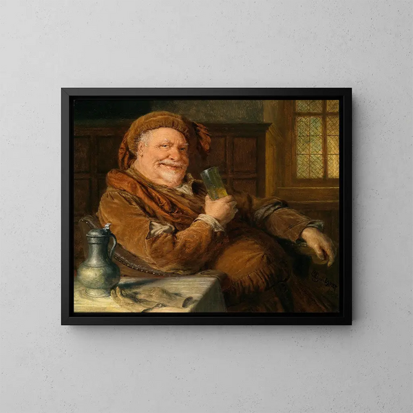 Falstaff med en tennkanna och ett vinglas - Eduard von Grützner — inramlat konstverk på väggen