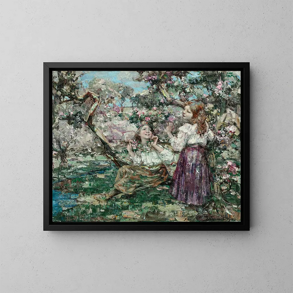 Flickor bland blommorna - Edward Atkinson Hornel — inramlat konstverk på väggen