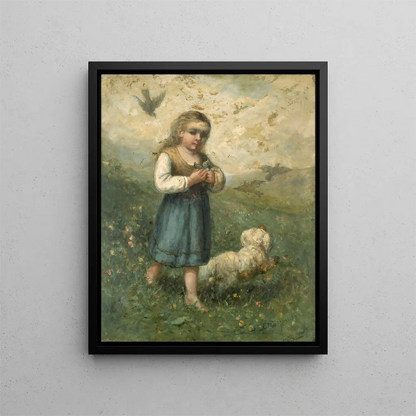 Barn med fåglar och en hund - Edward Mitchell Bannister — inramlat konstverk på väggen