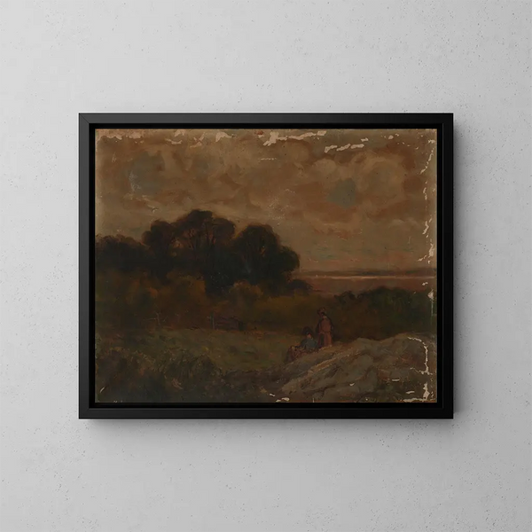 Landskap utan titel med två kvinnor liggande på klippor - Edward Mitchell Bannister — inramlat konstverk på väggen