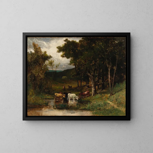 landskap utan titel med kor i en bäck nära träden - Edward Mitchell Bannister — inramlat konstverk på väggen