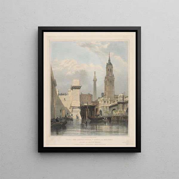 Marches du New London Bridge, St Magnus the Monument och en del av Old Bridge - Edward William Cooke — inramlat konstverk på väggen