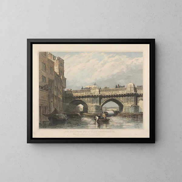 Längd: 60 cm, Höjd: 40 cm, Material: Olja på duk, Ursprung: England, År: 1850, Konsttryck av Edward William Cooke, "L'extrémité sud de l'ancien pont de Londres" — inramlat konstverk på väggen
