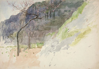 Edwin Austin Abbey - Mountainous landscape with budding trees.webp