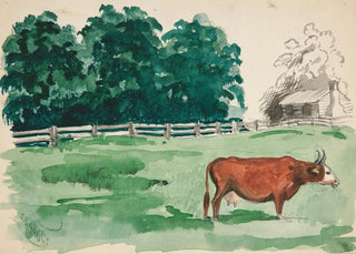 Edwin Austin Abbey - Pasture scene with cow in foreground.webp