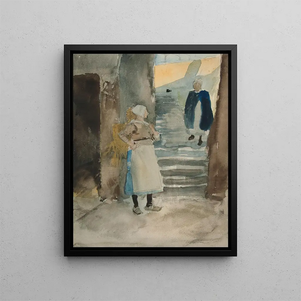 gatubild med två fiskhandlare - Edwin Austin Abbey — inramlat konstverk på väggen