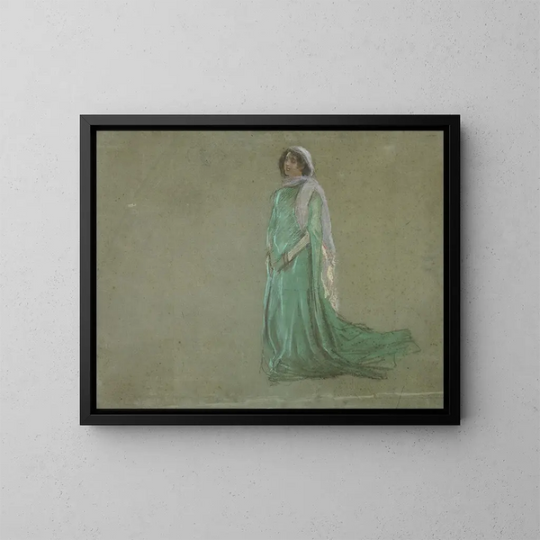 Studie av en kvinna i lång grön klänning och rosa halsduk - Edwin Austin Abbey — inramlat konstverk på väggen
