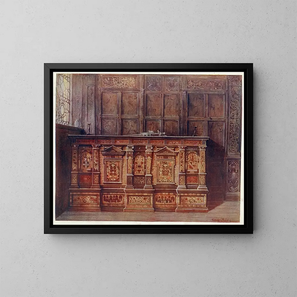 ett ammunitionsträd inlagt, givet av Sir Hugh Offley när han var borgmästare i London 1556 vid Saint-Marie-Overie-kyrkan, nu Saint-Sauveur-katedralen i Southwark - Edwin Foley — inramlat konstverk på väggen