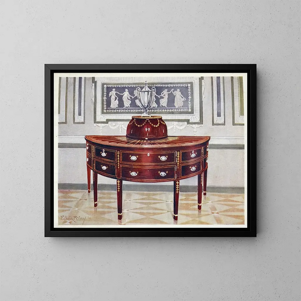 Buffé semi-cirkulär i mahogny och knivlåda marquetry och fanér av satinsläpp, mahogny och ebenholts - Edwin Foley — inramlat konstverk på väggen