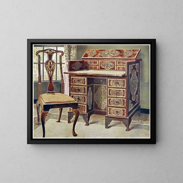 skrivbord i valnötmarquetry - Edwin Foley — inramlat konstverk på väggen