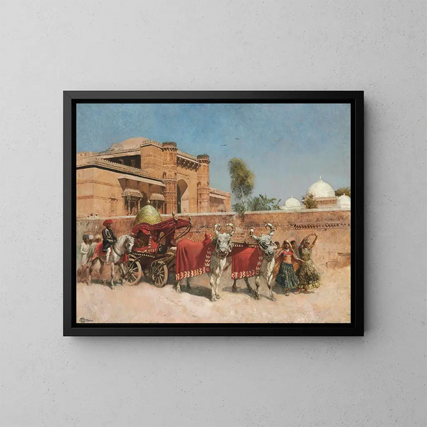 En bröllopsprocession framför ett palats i Rajasthan - Edwin Lord Weeks — inramlat konstverk på väggen