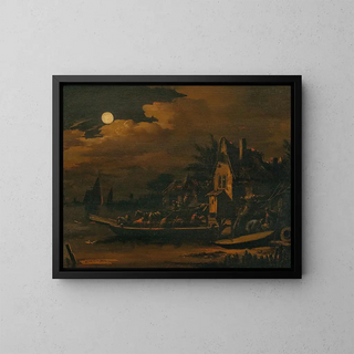 Egbert van der Poel - A nocturnal river landscape with a ferry boat.webp