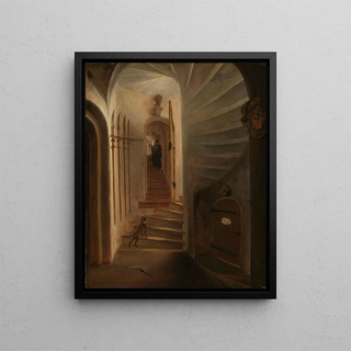 Egbert van der Poel - Portal of a stairway tower with a man descending the stairs presumably the moment before the assassination of William the Silent in the Ptinsenhof Delft.webp