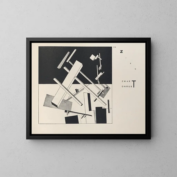 Att bli suprematist i två färger i sex konstruktioner Pl 6 - El Lissitzky — inramlat konstverk på väggen