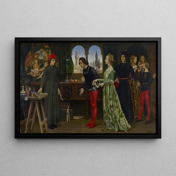 L'atelier de Botticelli: Den första besöket av Simonetta presenterad av Giulio och Lorenzo de Médicis - Eleanor Fortescue-Brickdale — inramlat konstverk på väggen