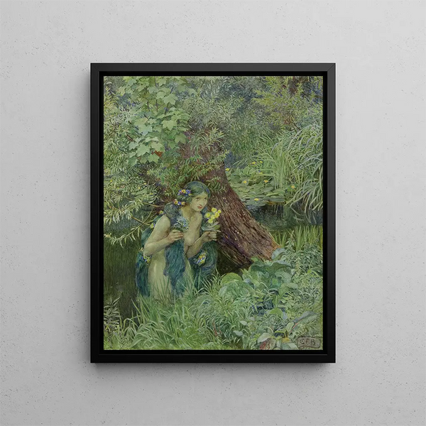 med vackra gröna hårstrån, lösa och otyglade - Eleanor Fortescue-Brickdale — inramlat konstverk på väggen