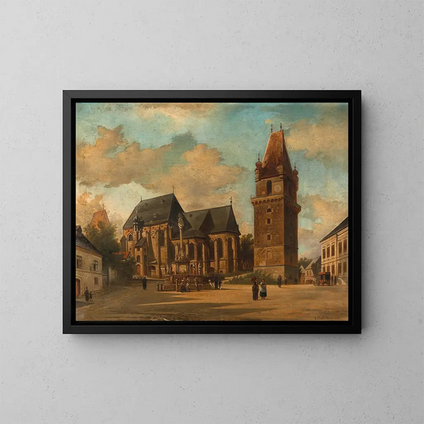 Längd: 60 cm x 80 cm, olja på duk, 1880-tal, signerad nederst till vänster: Elias Pieter van Bommel. Konsttryck av målning "L'église des Augustins à Perchtoldsdorf près de Vienne" av Elias Pieter van Bommel. — inramlat konstverk på väggen