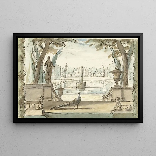 Elias van Nijmegen - Gezicht in een tuin met een vijver een fontein en een pauw.webp
