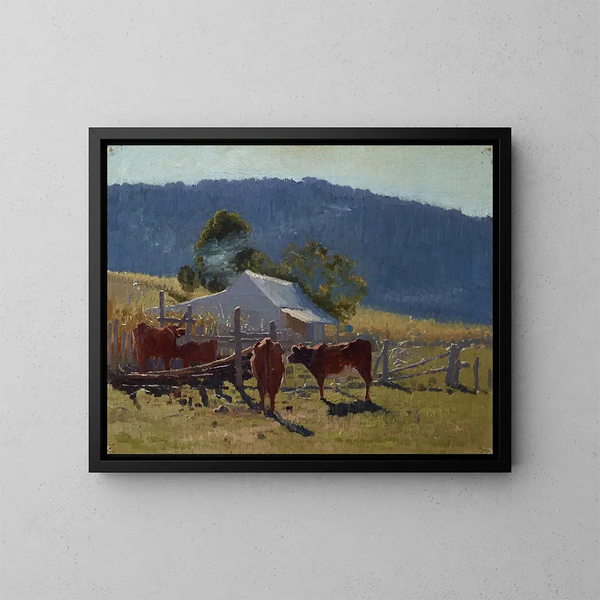 Längd: 60 cm x 90 cm, olja på duk, 1888. Konsttryck av L'heure de la traite dans la vallée d'Araluen - Elioth Gruner — inramlat konstverk på väggen
