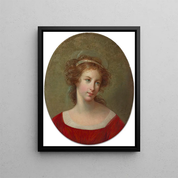 porträtt av en kvinna i röd klänning - Elisabeth Louise Vigée Le Brun — inramlat konstverk på väggen