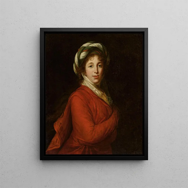 Porträtt av en kvinna med turban - Elisabeth Louise Vigée Le Brun — inramlat konstverk på väggen