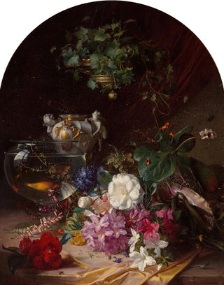 Elise PuyrocheWagner - Still life with flowers a porcelain vase and a goldfish bowl.webp