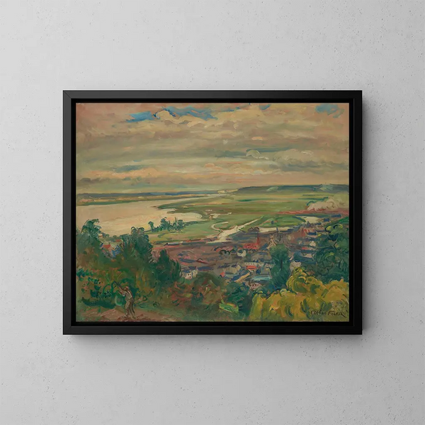 Längd: 60 cm, Höjd: 50 cm, Material: Canvas, Teknik: Olja, Ursprung: Frankrike, Konsttryck av Émile Othon Friesz, Målning "L'estuaire de Honfleur" — inramlat konstverk på väggen