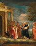 Saint Thomas d'Aquin med helgonen Ambrosius Augustinus, påven Gregorius den Store och Jerome som betraktar det heliga sakramentet - Erasmus de Bie — vy av konstverket