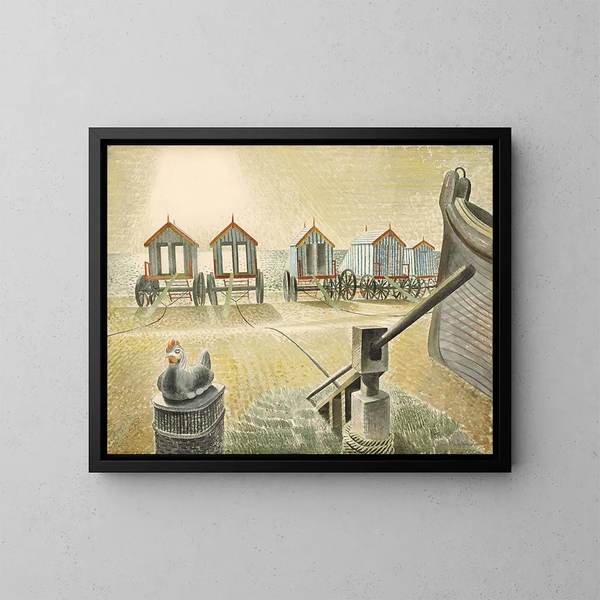 badmaskiner i Aldeburgh - Eric Ravilious — inramlat konstverk på väggen