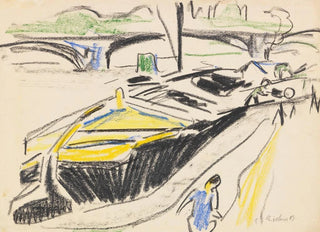 Ernst Ludwig Kirchner - Schleppkahn am Elbufer im Hintergrund die Carolabrcke.webp