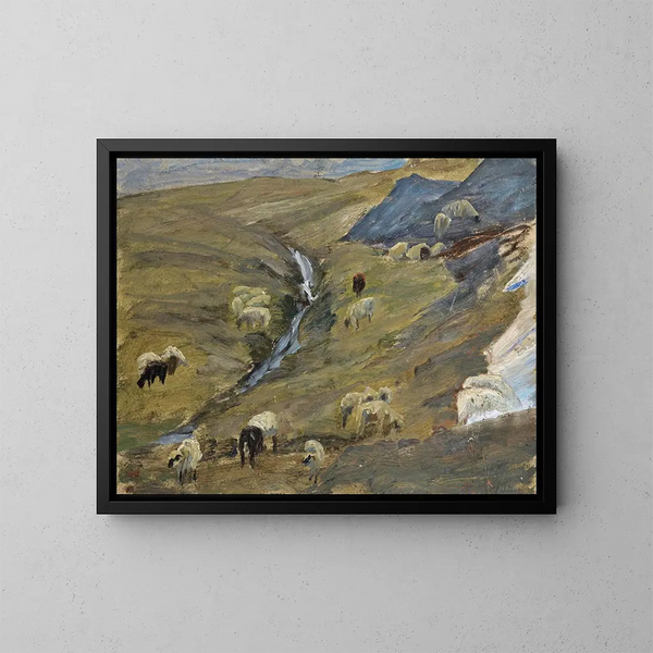 Troupeau de moutons sur un alpage - Ernst Schiess — inramlat konstverk på väggen